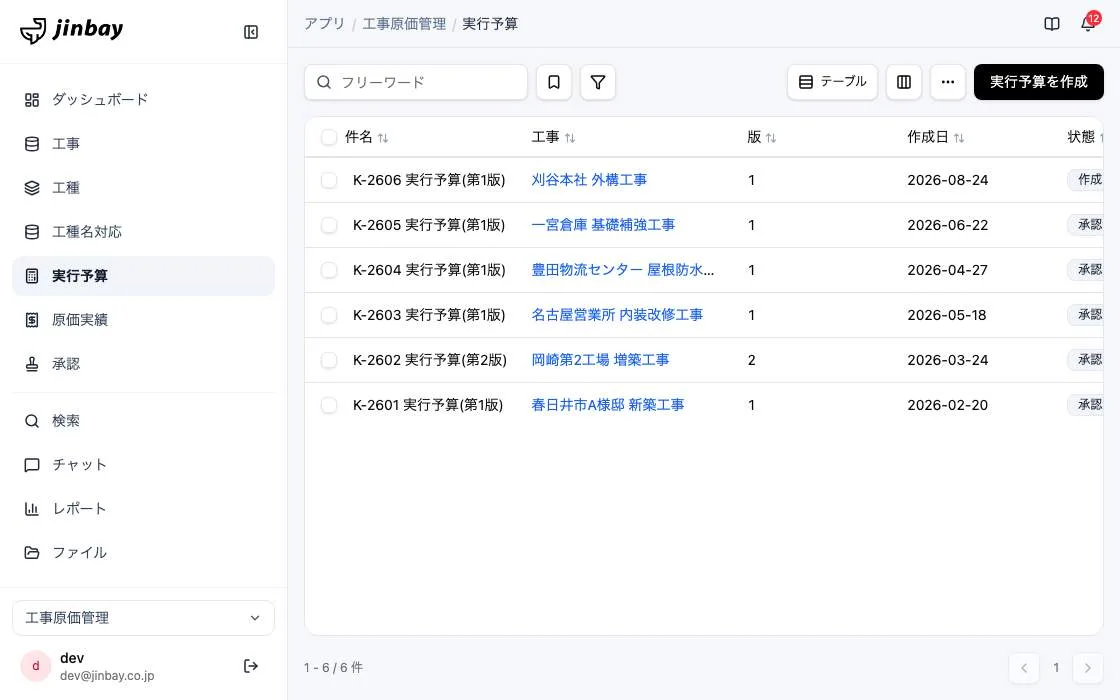 GenAppで組み上げた工事原価管理の画面