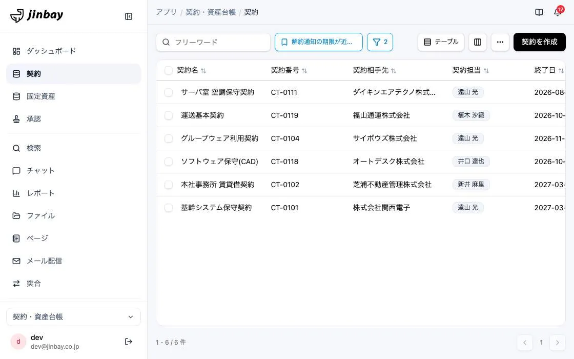 GenAppで組み上げた契約・資産台帳の画面