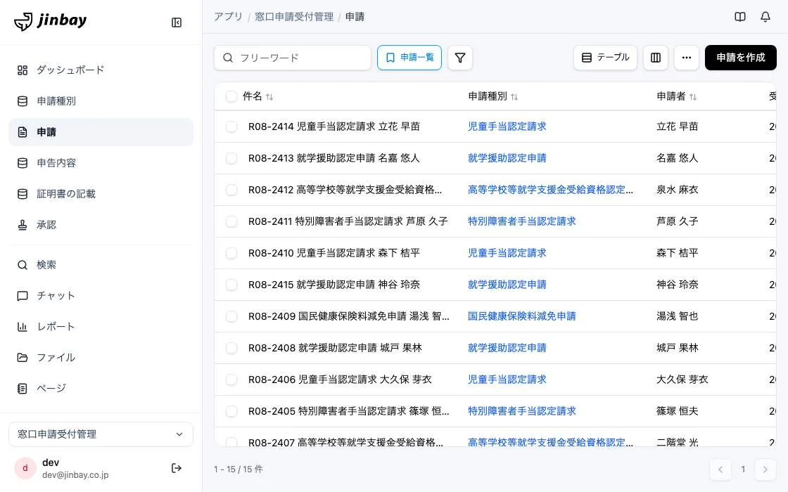 GenAppで組み上げた窓口申請受付管理の画面