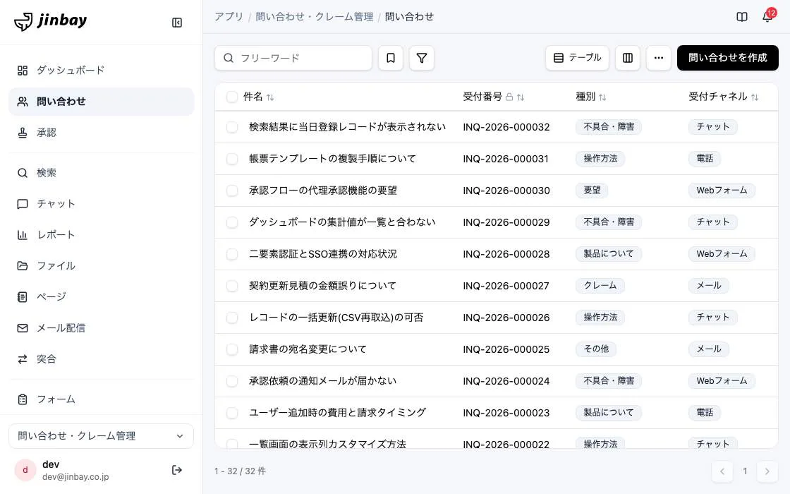 GenAppで組み上げた問い合わせ・クレーム管理の画面
