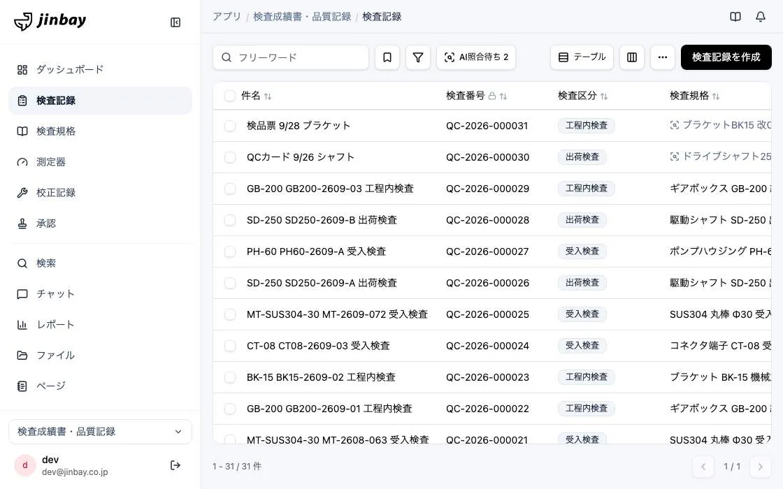 GenAppで組み上げた検査成績書・品質記録の画面