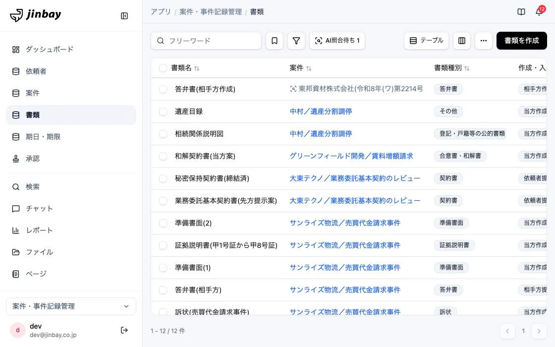 GenAppで組み上げた案件・事件記録管理の画面