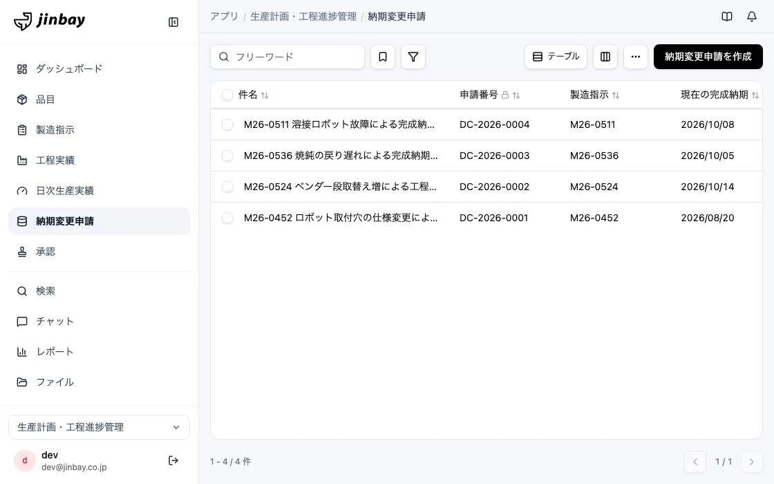 GenAppで組み上げた生産計画・工程進捗管理の画面
