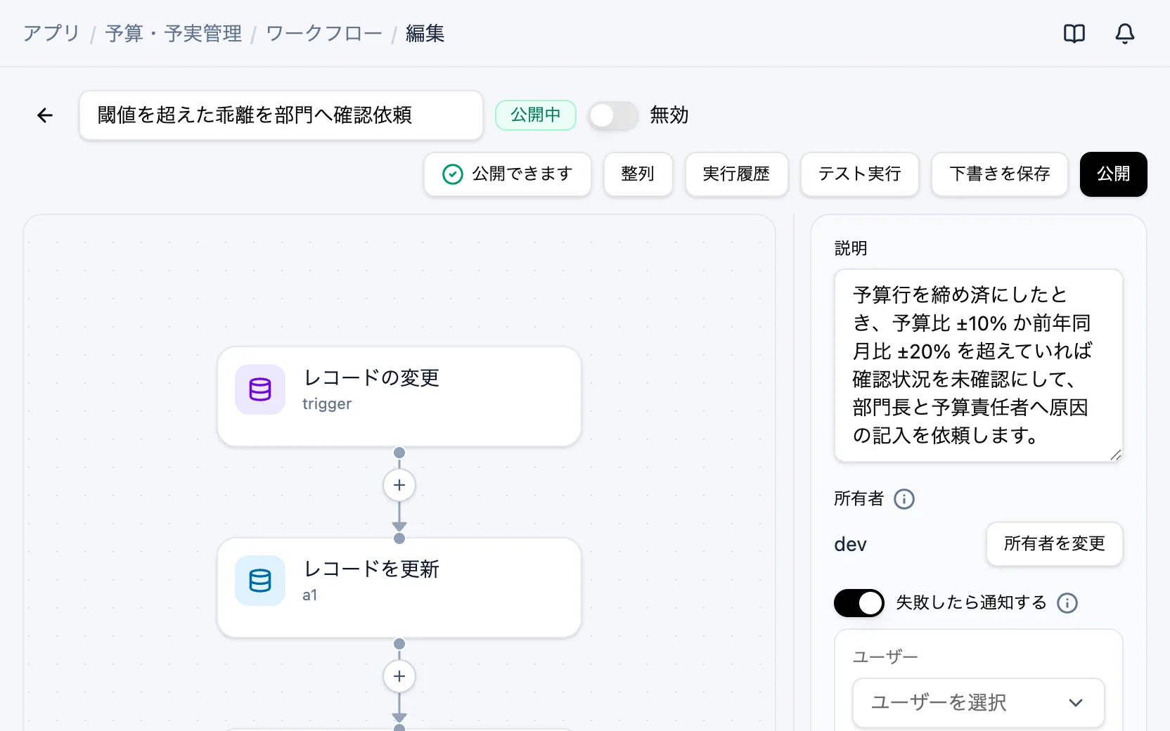 予算・予実管理のワークフロー「閾値を超えた乖離を部門へ確認依頼」