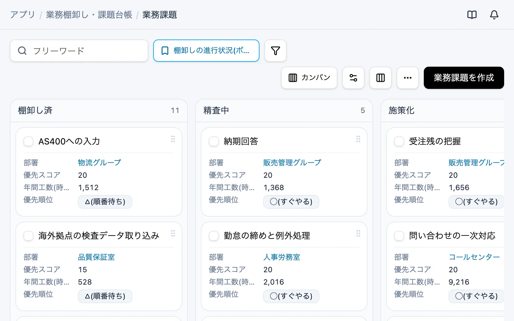 業務棚卸し・課題台帳の棚卸しの進行状況（カンバン）