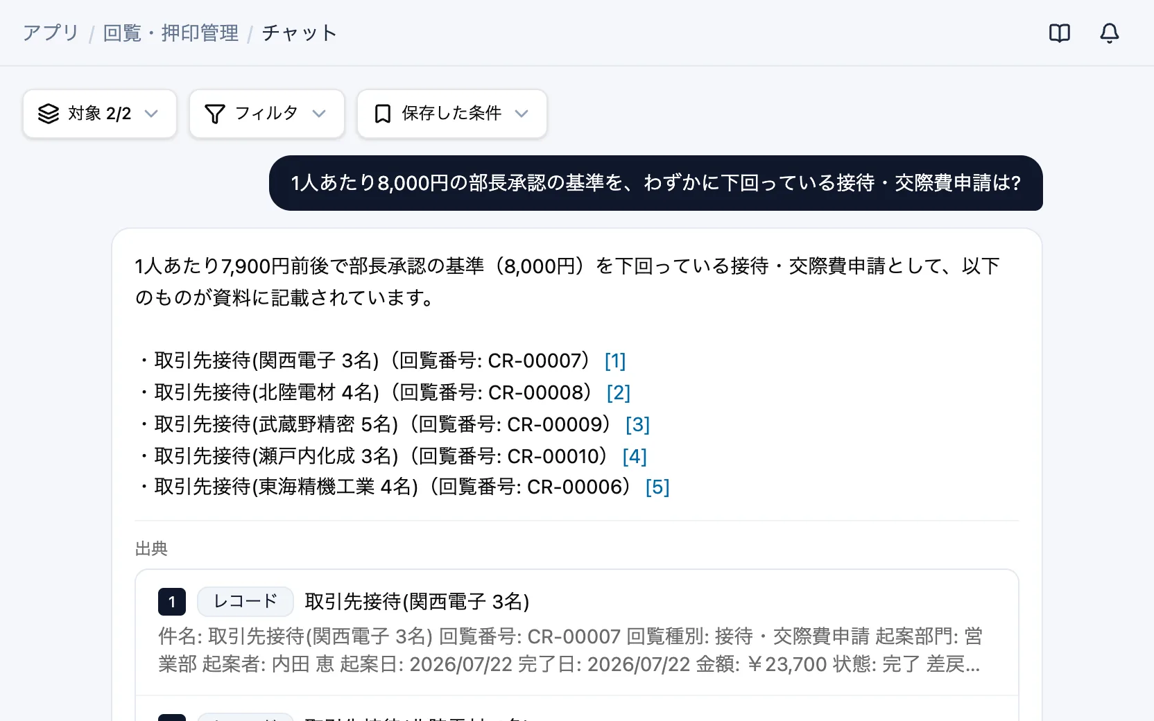 回覧・押印管理のAIチャット「1人あたり8,000円の部長承認の基準を、わずかに下回っている接待・交際費申請は?」