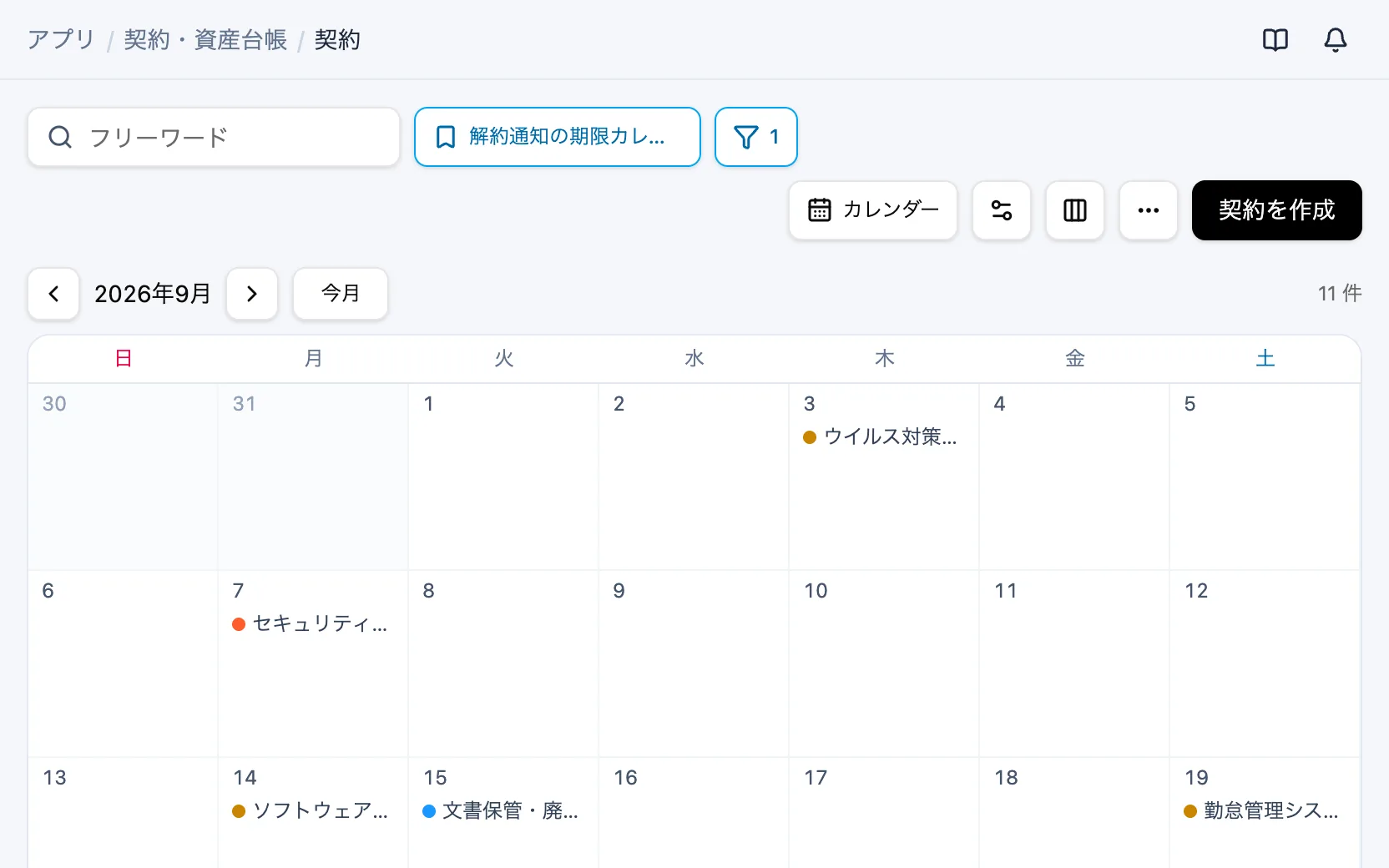契約・資産台帳の解約通知の期限カレンダー