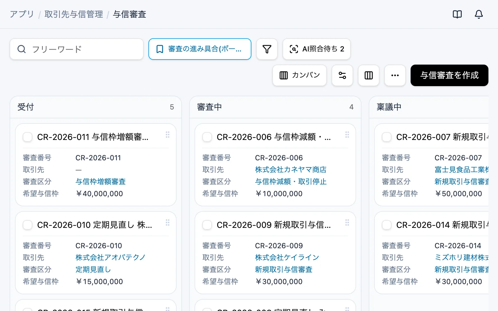 取引先与信管理の審査の進み具合（カンバン）