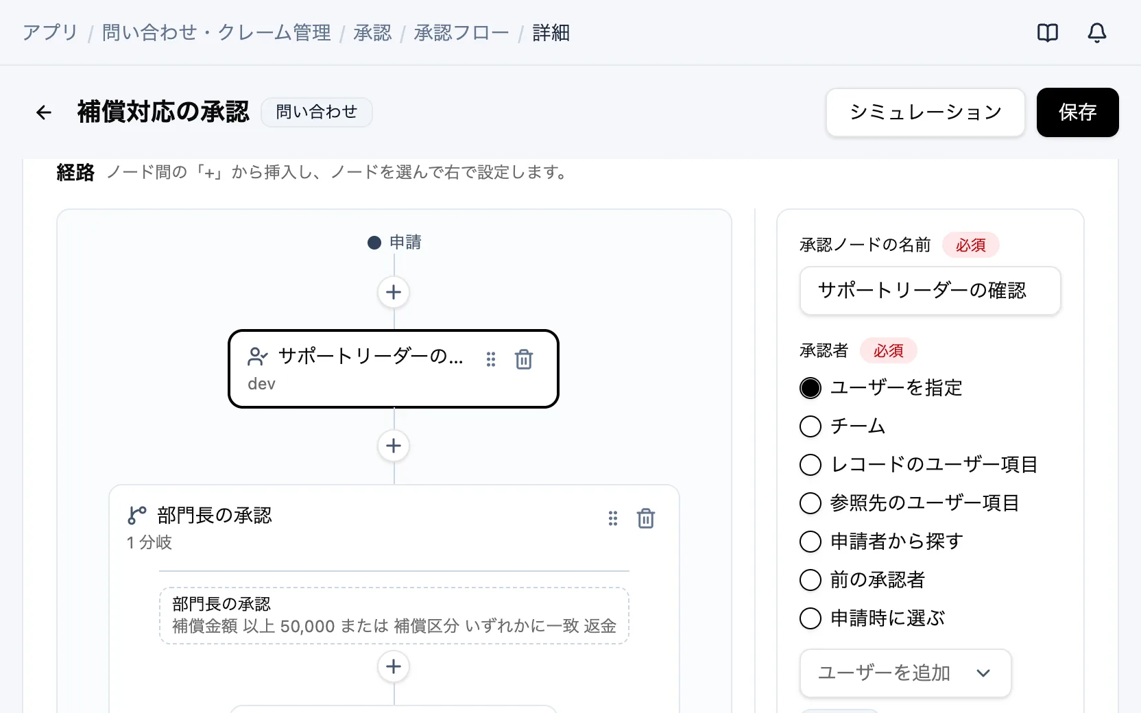 問い合わせ・クレーム管理の承認フロー「補償対応の承認」