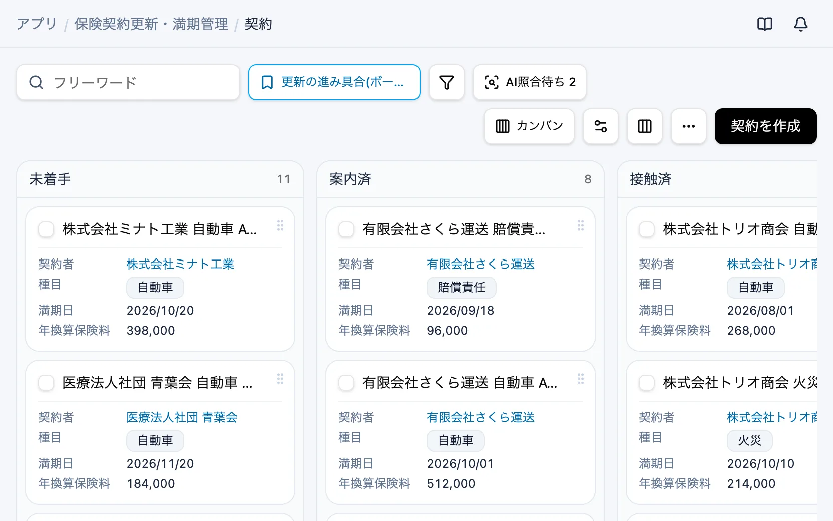 保険契約更新・満期管理の更新の進み具合（カンバン）