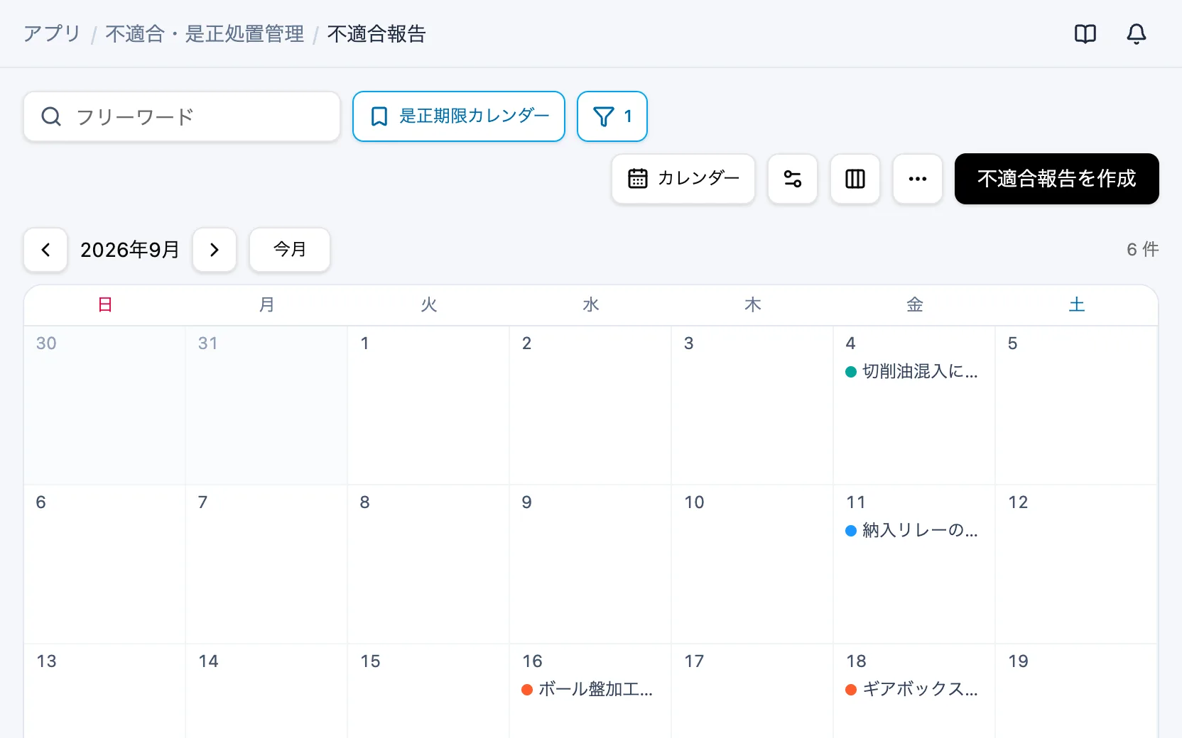 不適合・是正処置管理の是正期限カレンダー