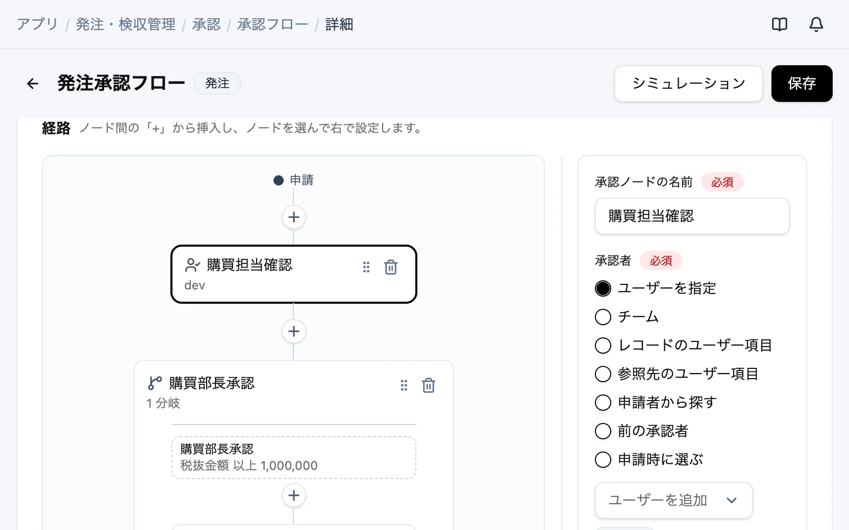 発注・検収管理の承認フロー「発注承認フロー」