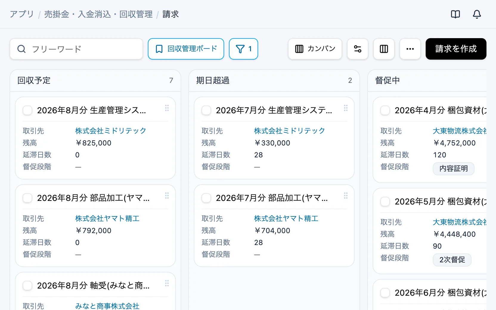 売掛金・入金消込・回収管理の回収管理ボード(カンバン)