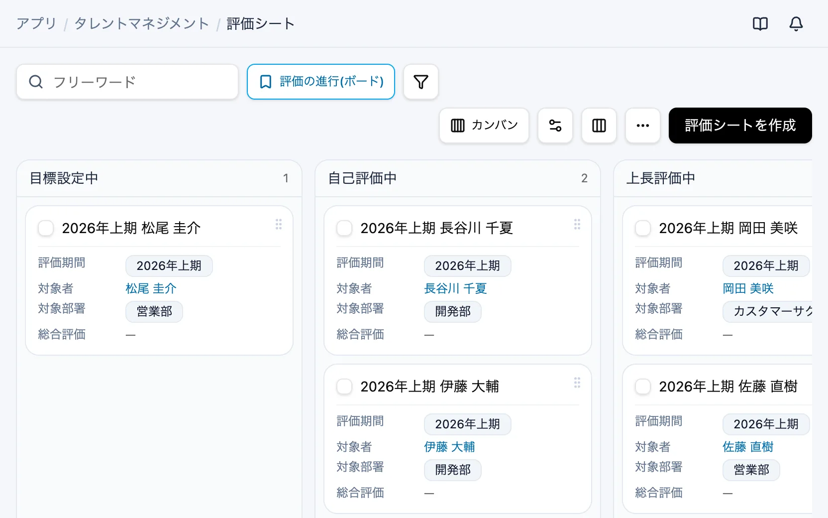 タレントマネジメントの評価の進行（カンバン）
