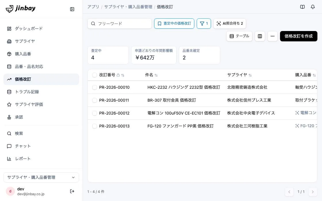 GenAppで組み上げたサプライヤ・購入品番管理の画面