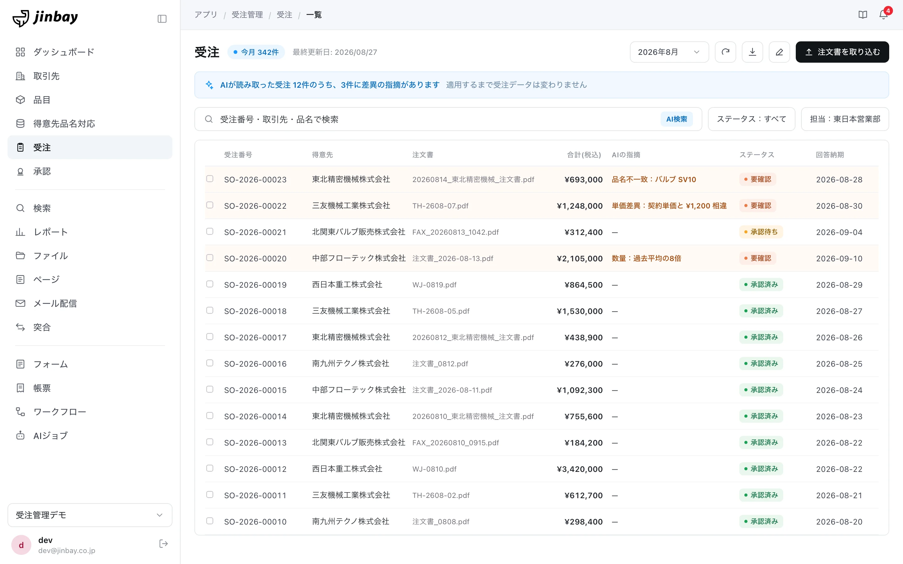 GenAppでつくった受注一覧の画面。AIが読み取った受注のうち、単価差異や品名不一致の指摘がついた行だけが色で分かれている