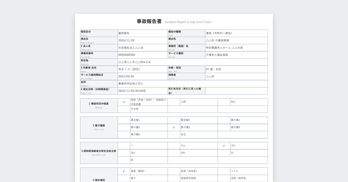 事故・ヒヤリハット報告書テンプレート(介護・厚労省の標準様式準拠)の記入例