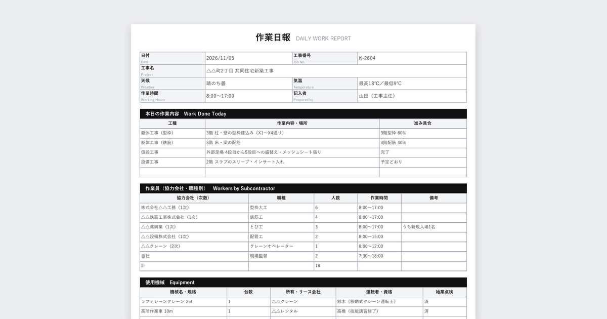 作業日報テンプレート(建設工事)の記入例