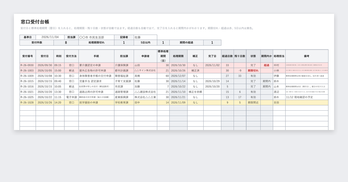 窓口受付台帳テンプレート（標準処理期間の管理つき）の記入例