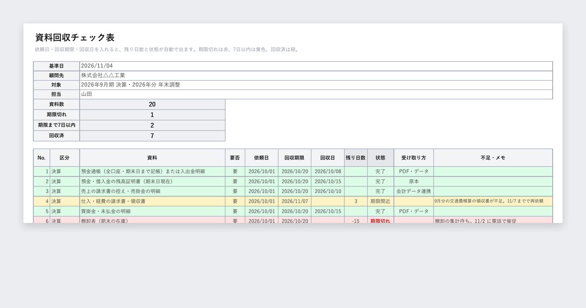 決算・年末調整の資料回収チェック表テンプレートの記入例