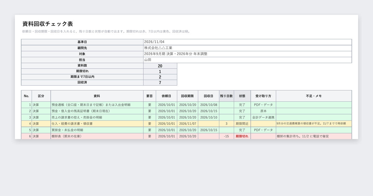 決算・年末調整の資料回収チェック表テンプレートの記入例