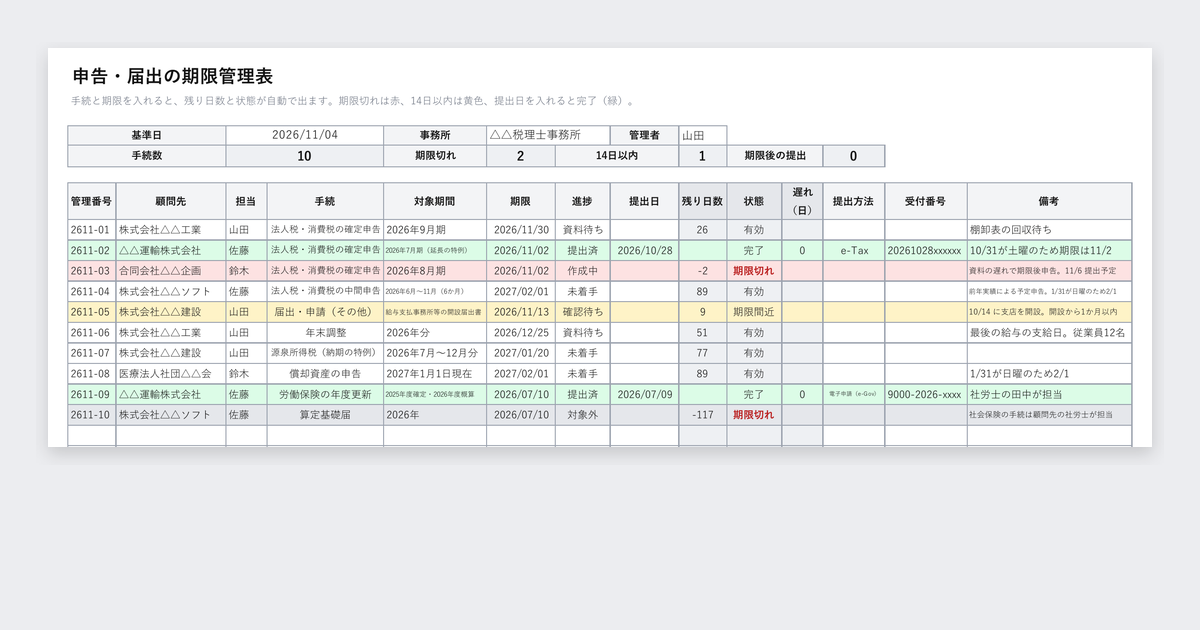申告・届出の期限管理表テンプレート(税理士・社労士事務所向け)の記入例