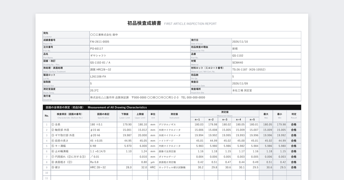 初品検査成績書テンプレートの記入例