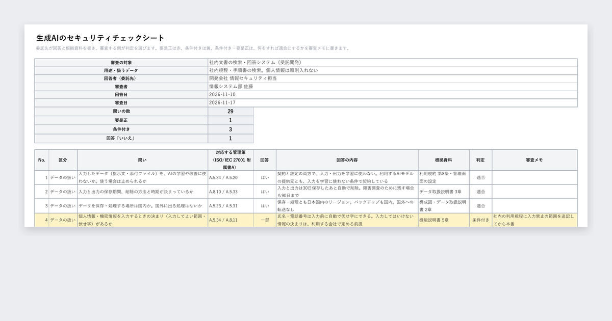 生成AIのセキュリティチェックシート(回答例つき)の記入例