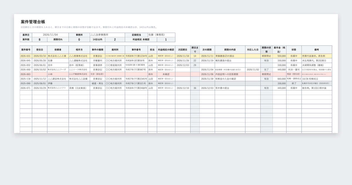 事件記録・案件管理台帳テンプレート（法律事務所向け）の記入例