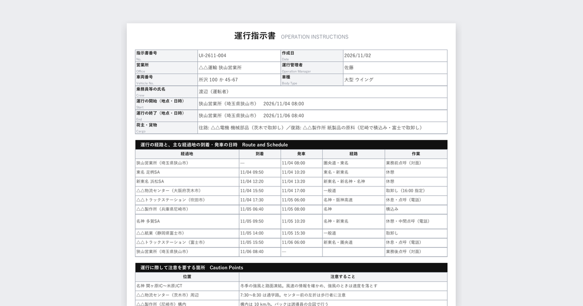 運行指示書テンプレートの記入例