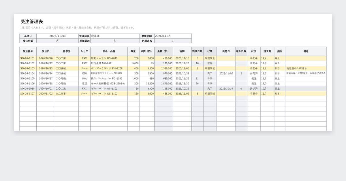 受注管理表テンプレートの記入例