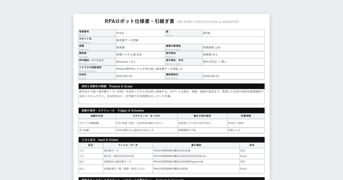 RPAロボット仕様書・引継ぎ書の記入例