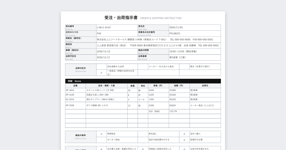 受注・出荷指示書テンプレート（卸売・FAX注文の転記用／直送・帳合の区分つき）の記入例